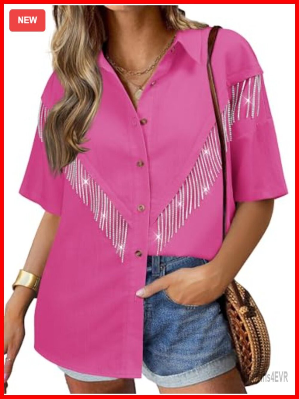 Sparkly Fringe V Shaped Western Cowgirl Button Down Shirt